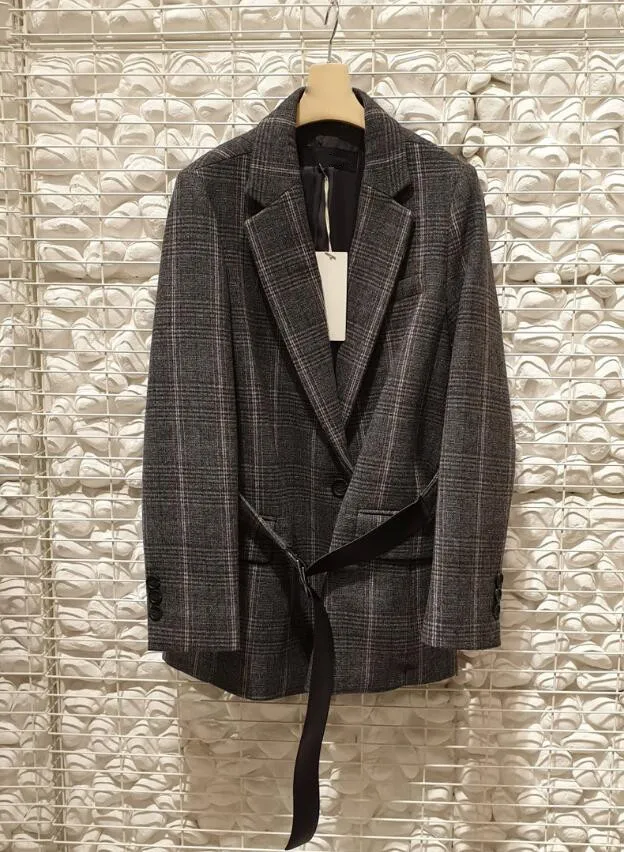 Женский клетчатый пиджак, офисный блейзер в шотландскую клетку с поясом и длинным рукавом, винтажный костюмный пиджак средней длины