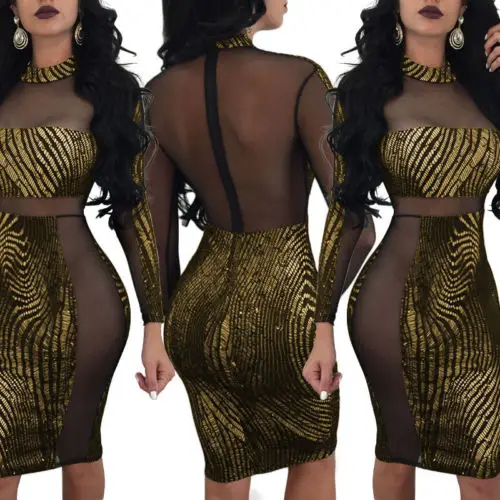 2018 New Womens Bandage Bodycon Sheer Sequins Lace Long Sleeve High Waist Gold Print Evening Party Sexy Club Short Mini Dress Dresses