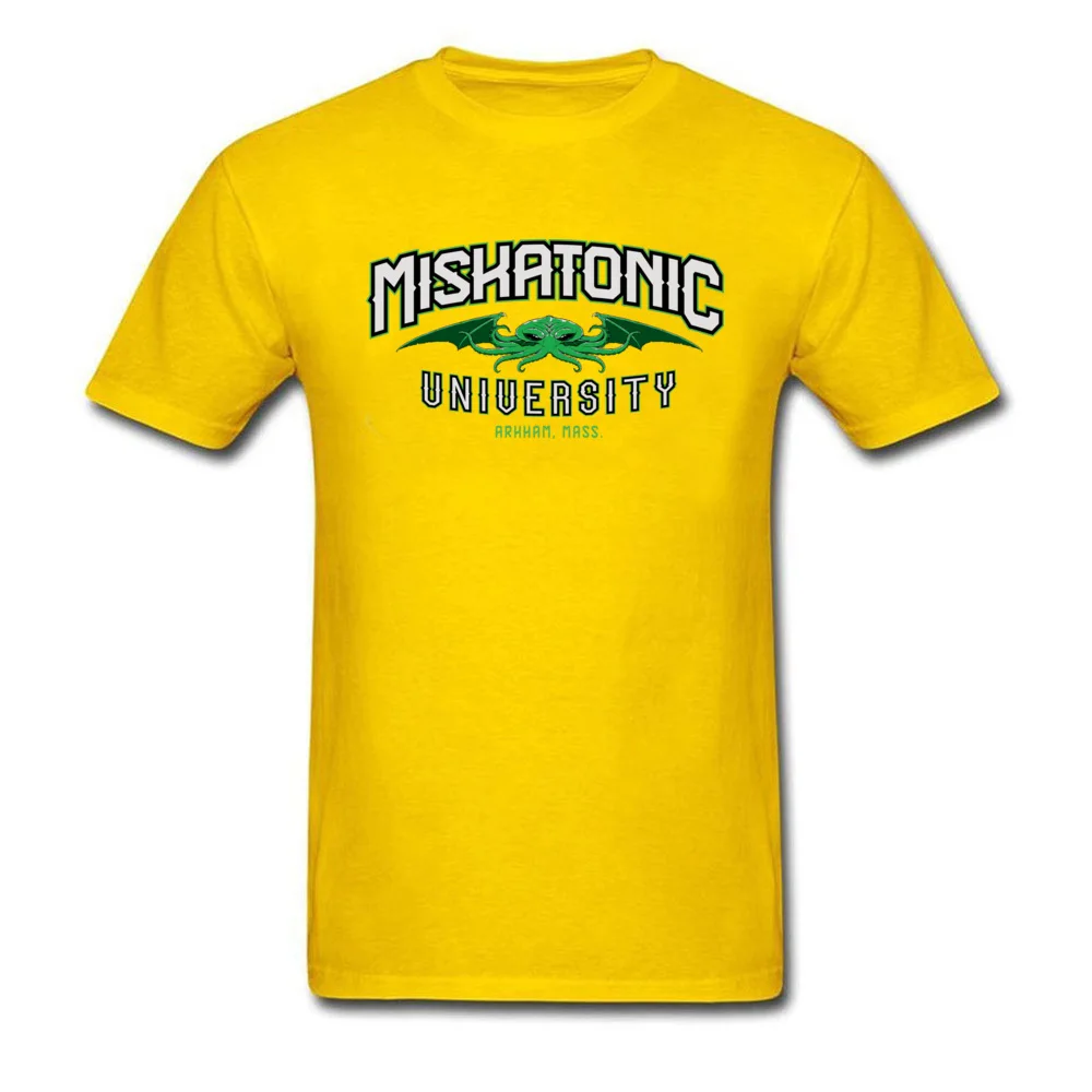 Fashionable Miskatonic University O-Neck Top T-shirts ostern Day Tops & Tees Short Sleeve for Men 2018 Cotton Tshirts Miskatonic University yellow