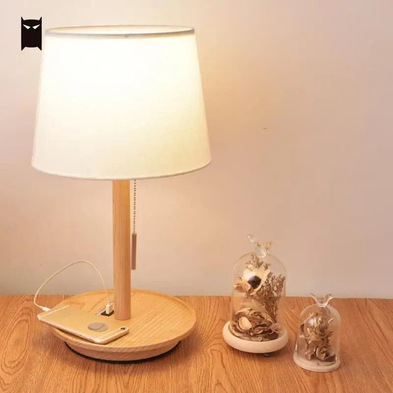 Настольный светильник из цельного дерева с usb-зарядкой, тканевый абажур, Скандинавская, японская, Скандинавская лампа для спальни, прикроватная, дизайнерская