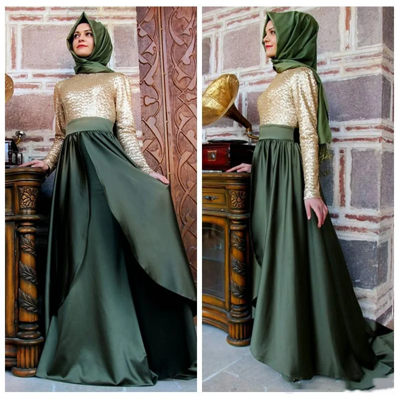 11-1              2019 Bling Bling Sequins Muslim Long Prom Dresses Sweep Train Long Special Occasion Party Gowns Sequins Top Middle East Evening Party Gowns