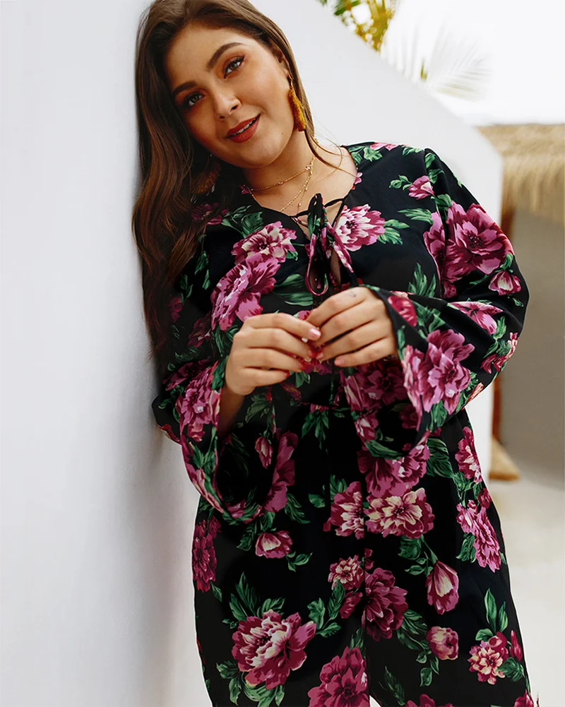 Original Design Spring and Summer Women's Large Size Jumpsuit Sexy Long-sleeved Printed Shorts Jumpsuit Women's Clothing 0533