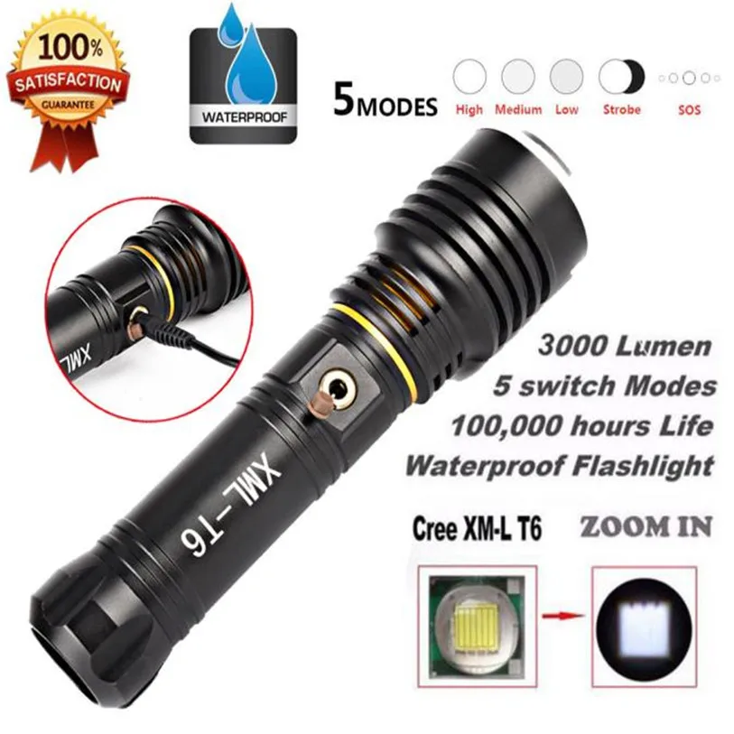 X800 5 Modes Zoomable XM L T6 LED 18650 Battery font b Flashlight b font Focus