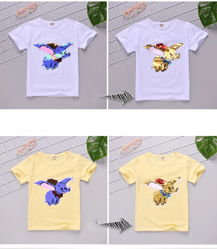 От 3 до 12 лет, милые футболки с блестками и слон Дамбо, модная детская футболка для девочек, детские топы, одежда