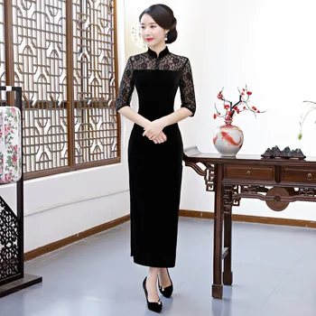 

Sexy Black Female Lace Velvet Cheongsam Plus Size M-XXXL Autumn Chinese Style Evening Dress Vestidos Vintage Long Slim Qipao
