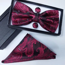 (1 pieces/lot) 100% silk men bow tie surface cashew flowers suite bow tie and handkerchief set hanky with cufflink tie box set