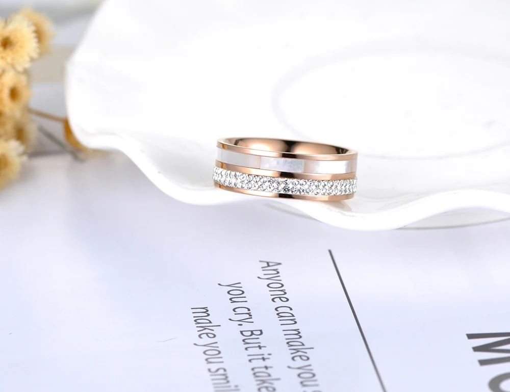 Wedding Rings Women 316L Stainless Steel Rose Gold Rhinestone Shell