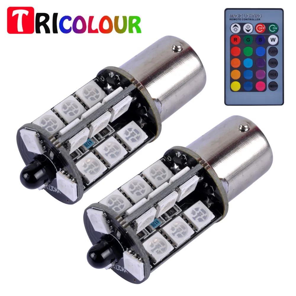 

TRICOLOUR 1 set 1156 ba15s 5050 LED 27 SMD turn signal Light Lamp Bulb With Remote Control Car Styling #TF86