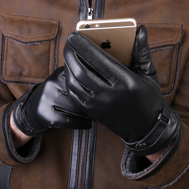 

Men's Leather Gloves Winter Warm Plus Velvet Touch Gloves Outdoor Riding Black Gloves Male Driving Fleece Sheepskin Wholesale