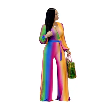 

Multicolor Wide Leg Loose Women Jumpsuit Deep V Neck Playsuit Casual Sashes Overalls