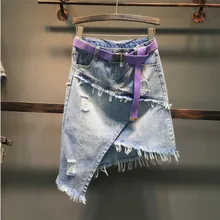 Весна лето женские ассиметричные джинсы юбка студенческие девушки Высокая талия отверстие разорван нерегулярный джинсовые юбки
