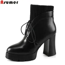 Asumer; коллекция года; сезон осень-зима; Новое поступление; женские ботинки; Модные ботильоны из натуральной кожи со шнуровкой на платформе на очень высоком каблуке