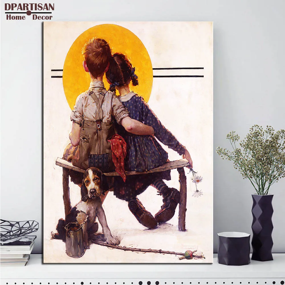 

DPARTISAN wall art print picture boy reading girl running wet little spooners or sunset art By Norman Rockwell No frame Painting