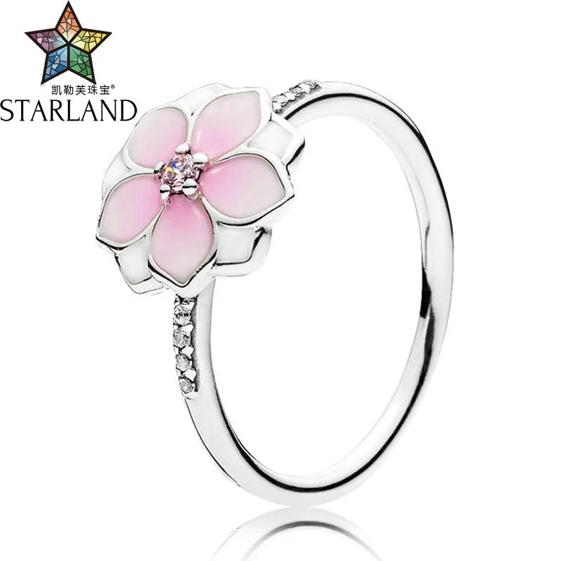 

Starland Fine Detail Genuine 925 Sterling Silver Magnolia Bloom Enamel & Pink CZ Finger Ring for Women Anniversary Jewelry