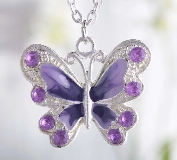 

! 1 pc/ lot Beautiful Enamel Silver Plated Purple Butterfly Crystal Pendant Necklace