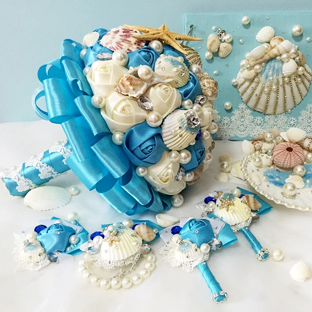 Hand Blue Sea Series Shell Wedding Bouquets Beaded Brooch Hand Blue Sea Series Shell Wedding Bouquets Beaded Brooch Pearl Bridal Bouquet For Beach