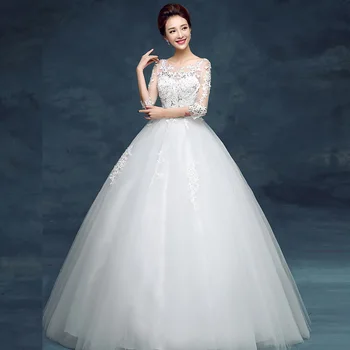 

China Wedding Dresses 2020 White Lace Bridal Gowns Demure 3/4 Sleeve Beading Appliques Ball Gown Boat Neck Vestido De Noiva