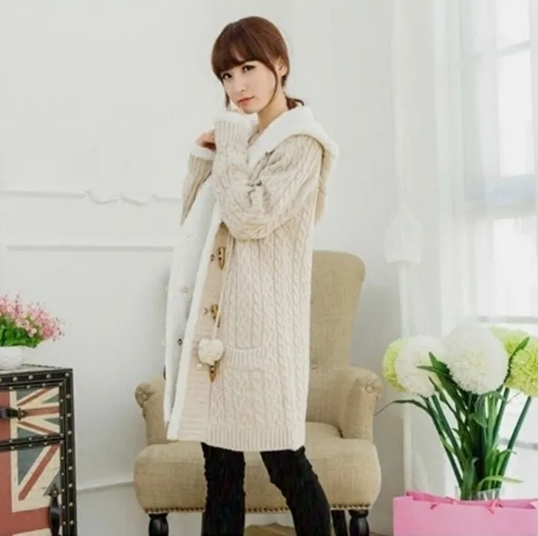 Зимний кашемировый свитер толстый теплый свитер с капюшоном пальто корейский Тонкий двубортный толстый вязаный длинный кардиган TB7665