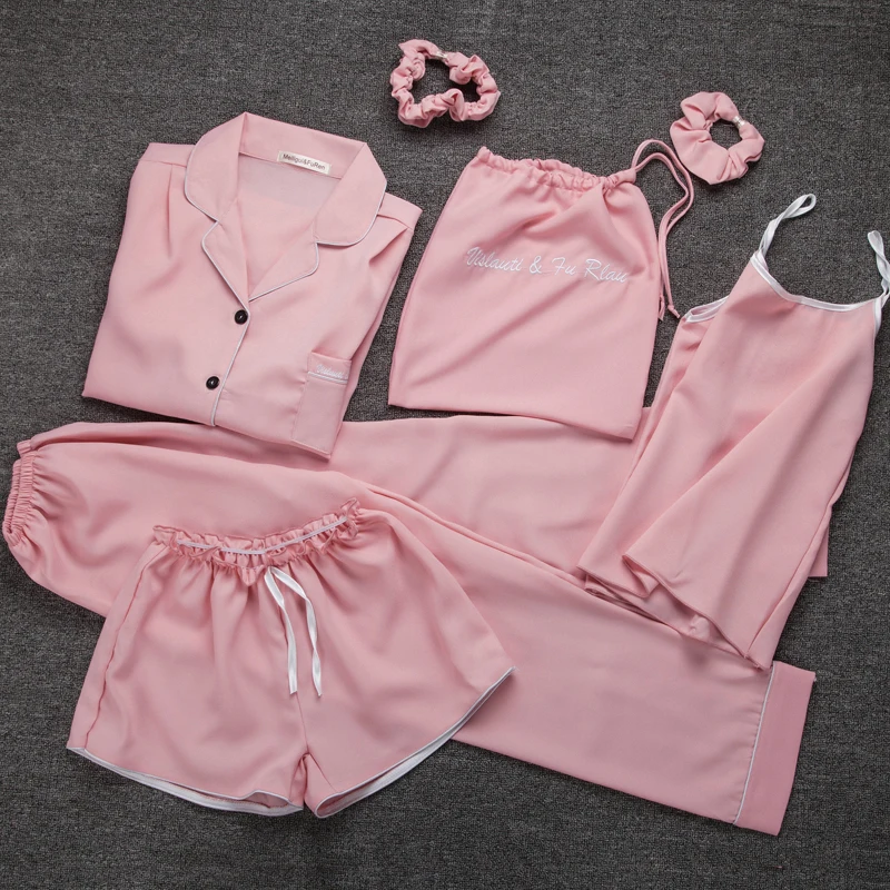 Розовые пижамы, атласные шелковые сексуальные пижамы, набор из 7 предметов, Kawaii, женские пижамные комплекты, мягкий милый Ночной костюм, подарки, домашняя одежда