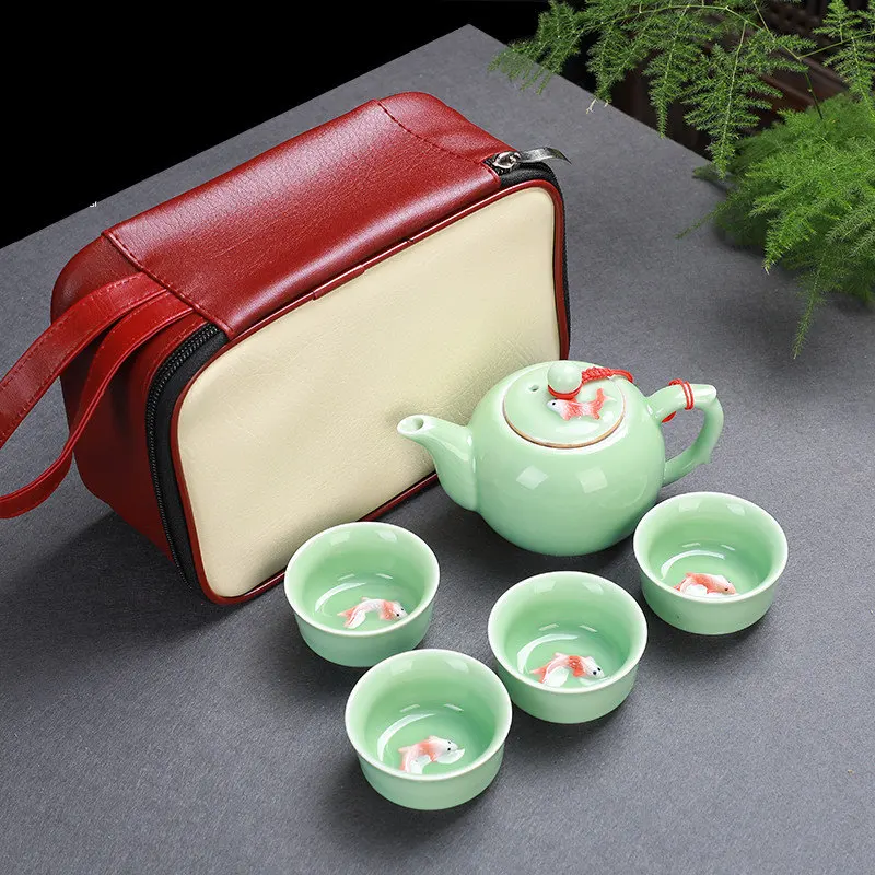 Портативный дорожный китайский чайный набор, один чайный горшок, две/четыре чашки, подарок, кунг-фу, чайник для зеленого чая, кухонные аксессуары - Цвет: cyan 1 pot 4 cups