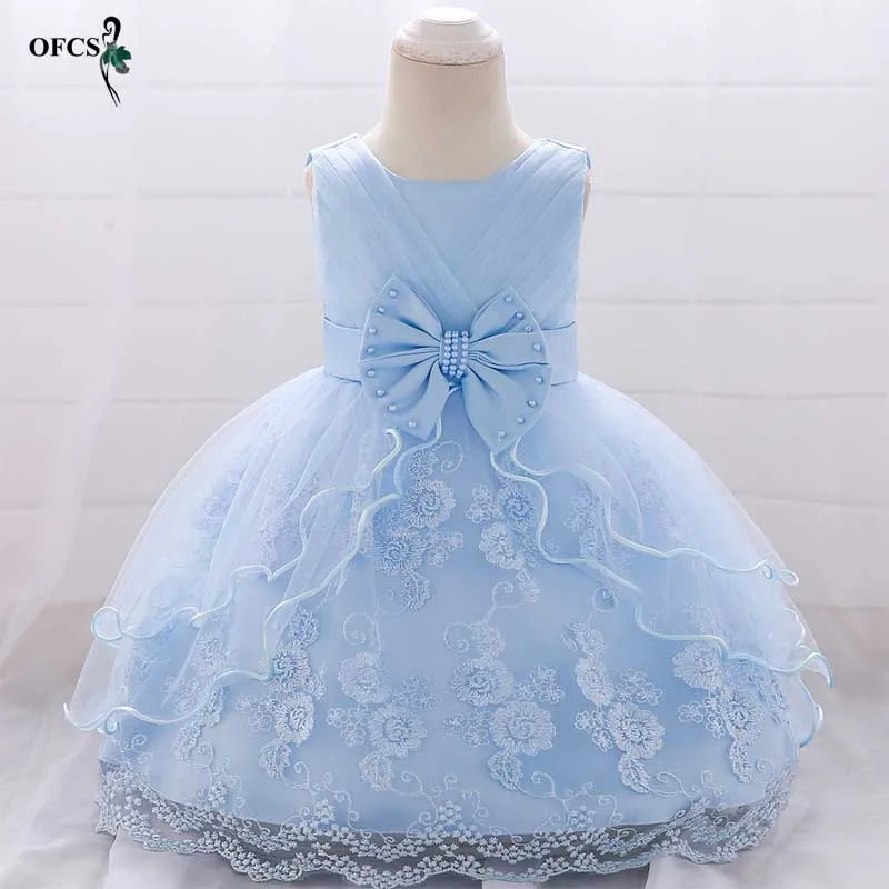 

Girl Princess party Dress Birthday wedding clothes Girl Bow Pearl Flower Sleeveless Bridal Gown Prom Dress Baby Girl clothing 2T