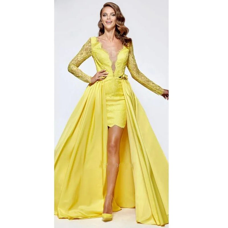 

Fashion Yellow Detachable Skirt A-Line Evening dresses Long Lace Two Pieces Prom Gown Formal Dresses Robe de soiree longue 2019