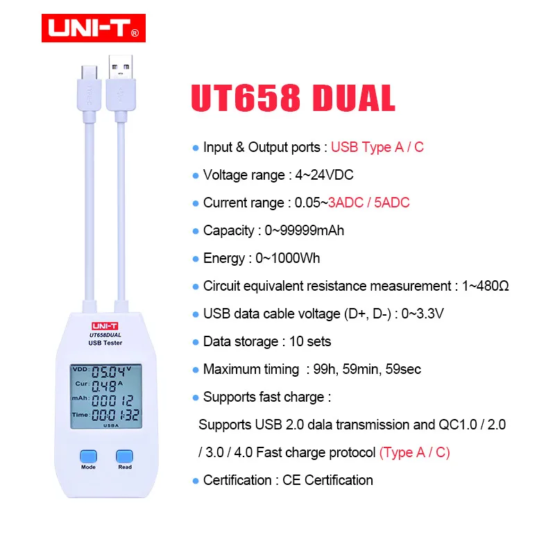 USB тестер UNI-T UT658A/C/двойной Напряжение и ток мониторы вольт ампер цифровой продукт зарядное устройство Емкость метр с хранения данных - Цвет: UT658DUAL