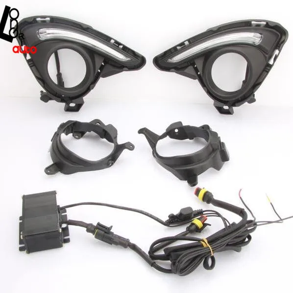 car styling LED Light Guide Daytime Running Lights DRL With Fog Lamp Cover for Mazda 2 2015 smrke drl for hyundai santa fe dm 2012 2015 car daytime running lights with fog lamp frame two colors light guide car styling
