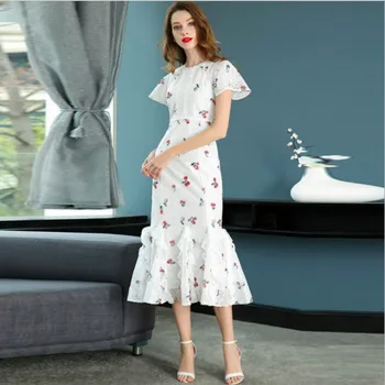 

Runway Women Lace Dress Maxi Long Trumpet Ruffles Cherry Print 2018 Summer Female Slim Elegant Dresses High Quality Flare Sleeve