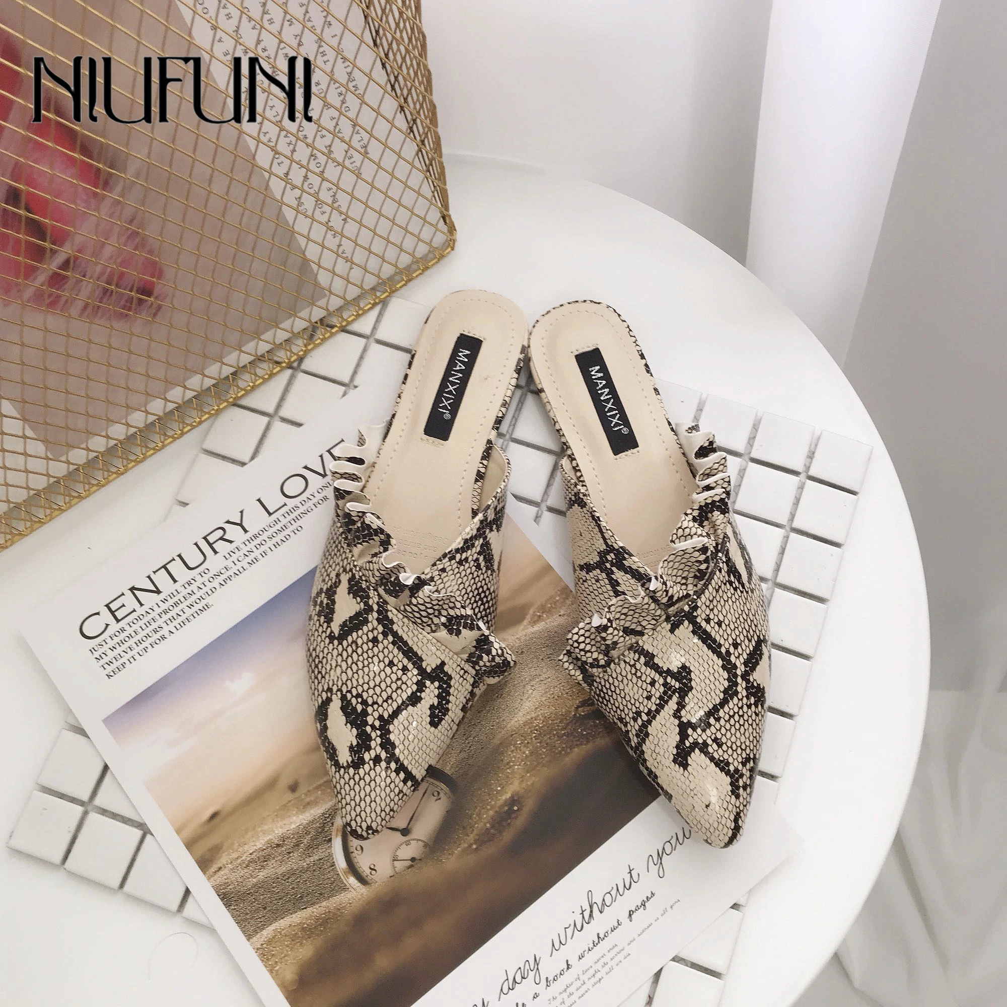 

Fashion Pointed Leopard Snake Pattern Solid Color Women's Slippers Flat Shoes Low-heeled Muller Shoes Female Slip-ons Sandals