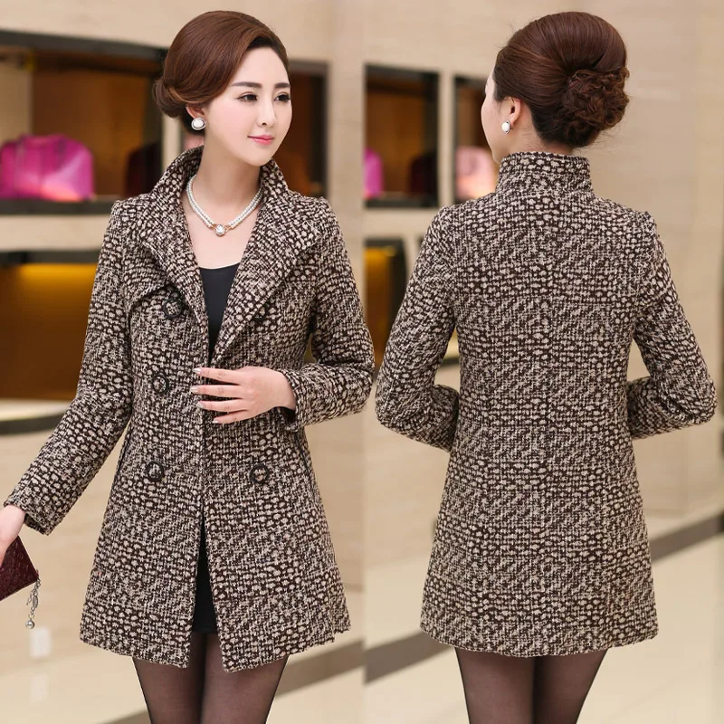New Plaid double-breasted coat long women jacket femininos ladies overcoat Autumn winter wool Woolen coat female 