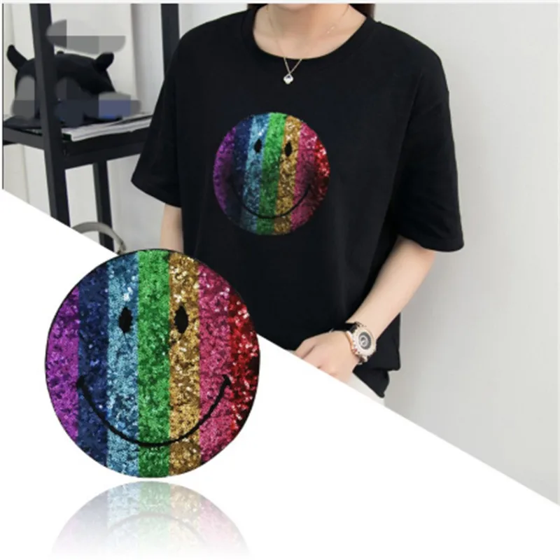 

Shidao Rainbow smiling face Sequined Sew On Patches for clothes DIY Coat Sweater Embroidered Paillette emoji Patch Applique