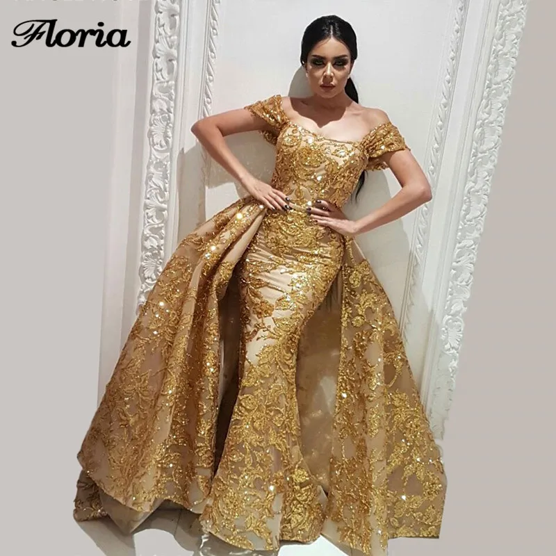 

New Couture Dubai Sparkly Gold Evening Dresses With Detachable Skirt Robe de soiree Aibye Muslim Turkish Prom Gowns Abendkleider