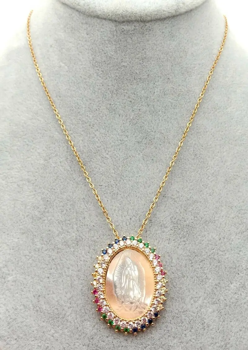 

17.5" White Shell Cameo Colorful CZ Micro Pave Oval Pendant necklace