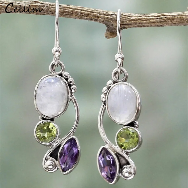 

Luxury Design Labradorite Earring Women Vintage Fashion Silver Color Crystal Natural Stone Drop Earring Wedding Jewelry 2019 New