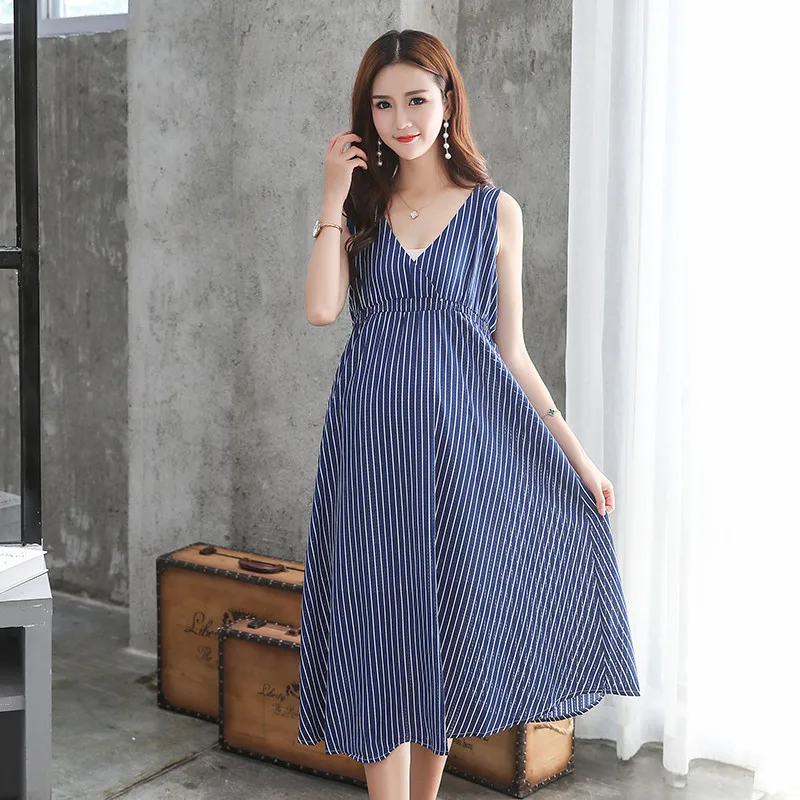 

MODENGYUNMA Pregnant women striped v-neck dress 2018 new sleeveless pregnant women chiffon dress maternity wear lactation