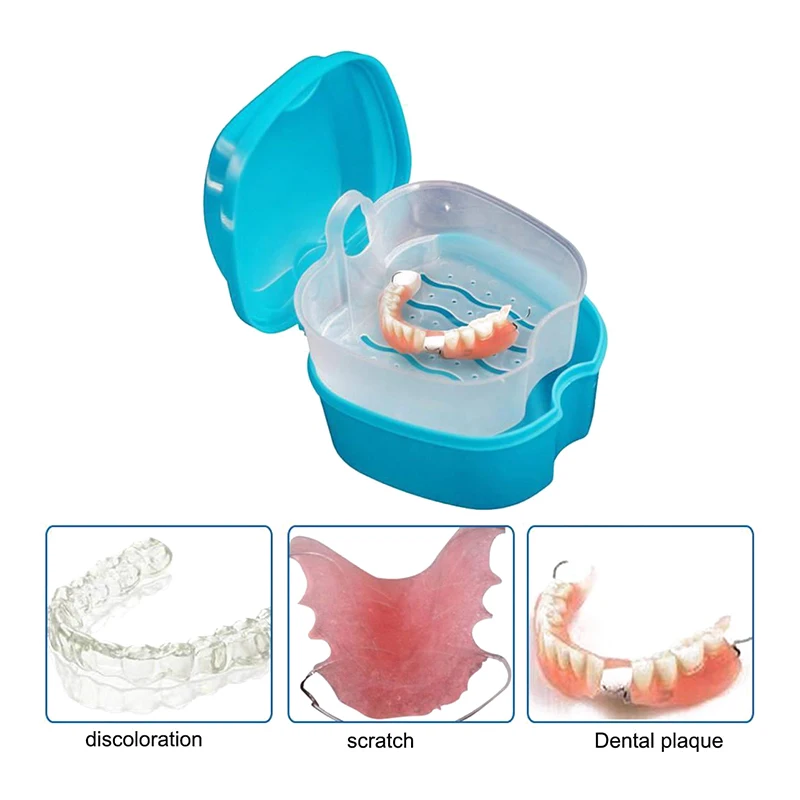 

2019 New Denture Bath Box Case Plastic Artificial Tooth Set Holders Dental False Teeth Storage With Hanging Net Container Blue