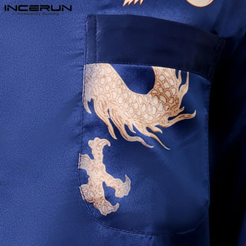 INCERUN ночная рубашка 2019 мужская с принтом дракона короткий новый удобный рукав комплект Модная рубашка с v-образным вырезом сексуальная