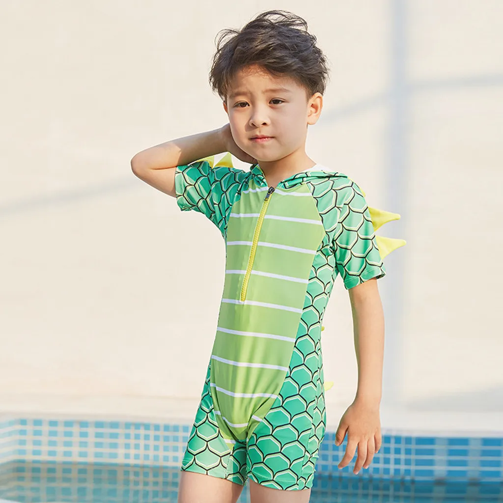 Telotuny мальчиков купальники ребенок для маленьких мальчиков динозавра с капюшоном купальный костюм короткий рукав бассейн пляж купальники#40