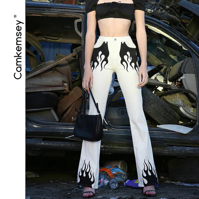 CamKemsey для женщин улица пламя печатных белый повседневные штаны для 2019 демисезонный Мода Высокая талия широкие брюки