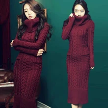

Europe and the United States women's new twist long wool turtleneck dress Vintage slim winter dress