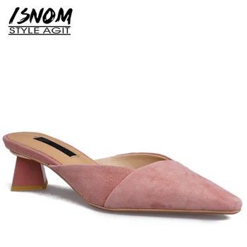 

ISNOM Unusual Heel High Slippers Woman Pointed Toe Footwear Kid Suede Slides Shoes Female Mules Shoes Women Summer 2019 New