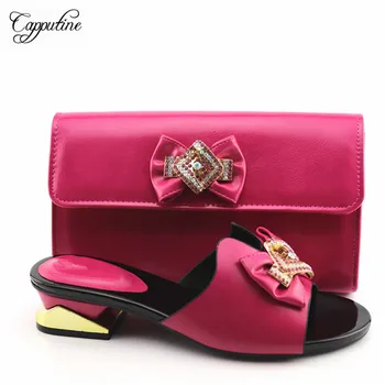 

Graceful fuchsia medium heel slippers with handbag nice African shoes and bag set for party YA336-2, heel height 4cm