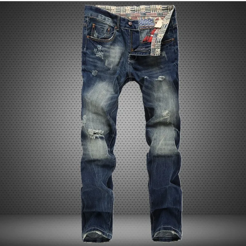 

2017 Direct Selling Repped Jeans Mid Hole Jeans Male European American Foreign Trade Straight Fit Pants Solid Denim Trousers