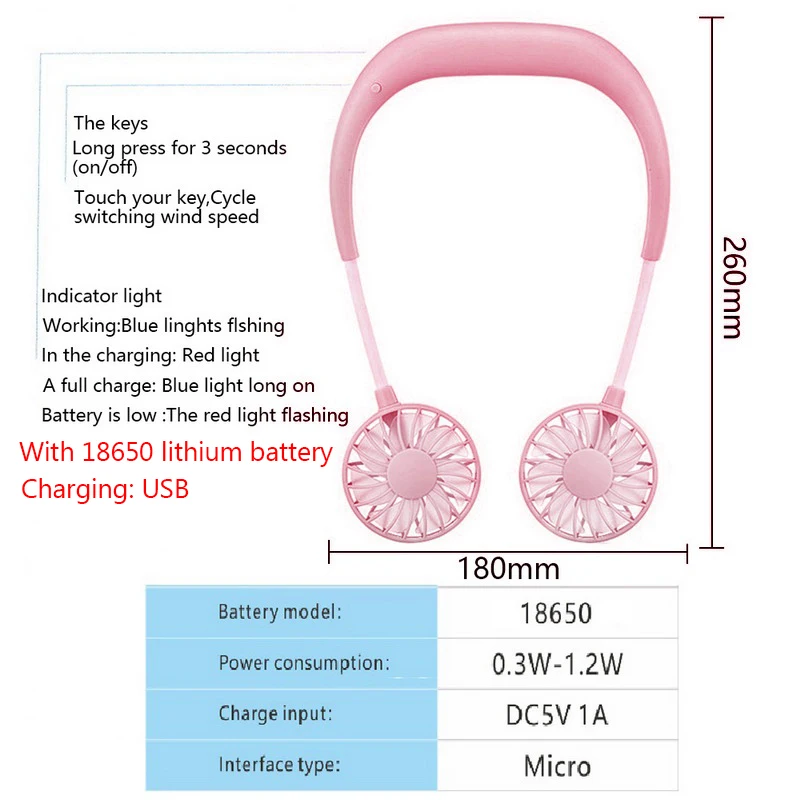 1 шт. USB портативный вентилятор для шеи с креплением на шею с аккумулятором 1200ма мини-спортивные вентиляторы 3 скорости регулируемые носимые вентиляторы - Цвет: Pink