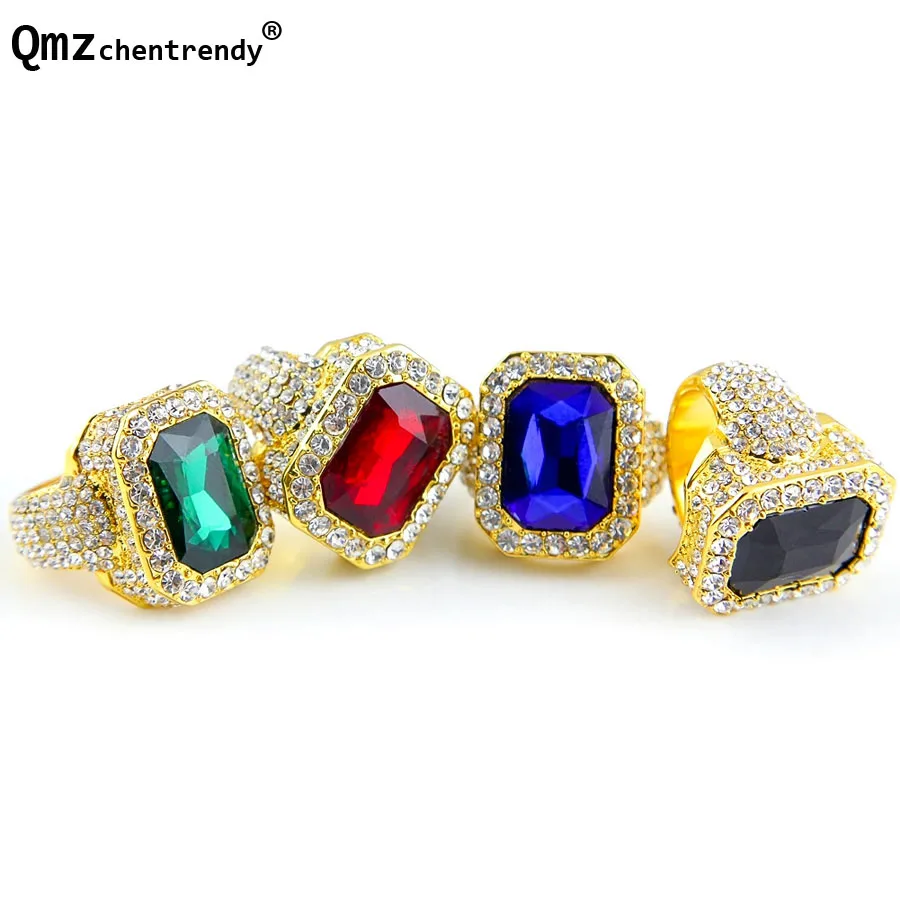 

Hip hop Men women Bling Rhinestone Iced Out Finger Rings Octagon Square Red Blue Green Stone Gold Steel Ring For Male Jewelry