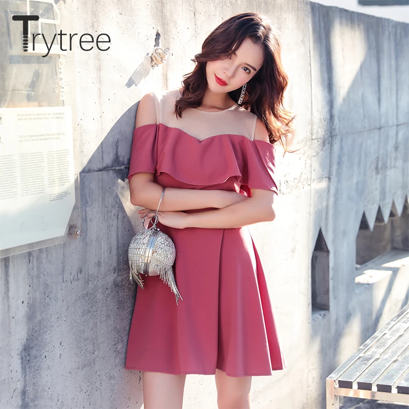 

Trytree Summer Autumn Casual Dress Women O-neck Shining Mesh Patchwork Ruffles Sleeve dresses A-line Mini Rose Black Solid Dress