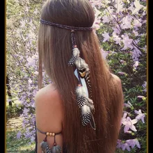 Moda gitana hermosa Estilo bohemio tocado de diadema de plumas Tribal pelo pluma cuerda tocados Hippie fiesta joyería India