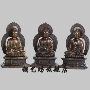 

11" Bronze Tibet three Shakyamuni Bhaisajyaguru Amitabha Buddha Statue grosgrain ribbon summer style Decoration wedding Brass