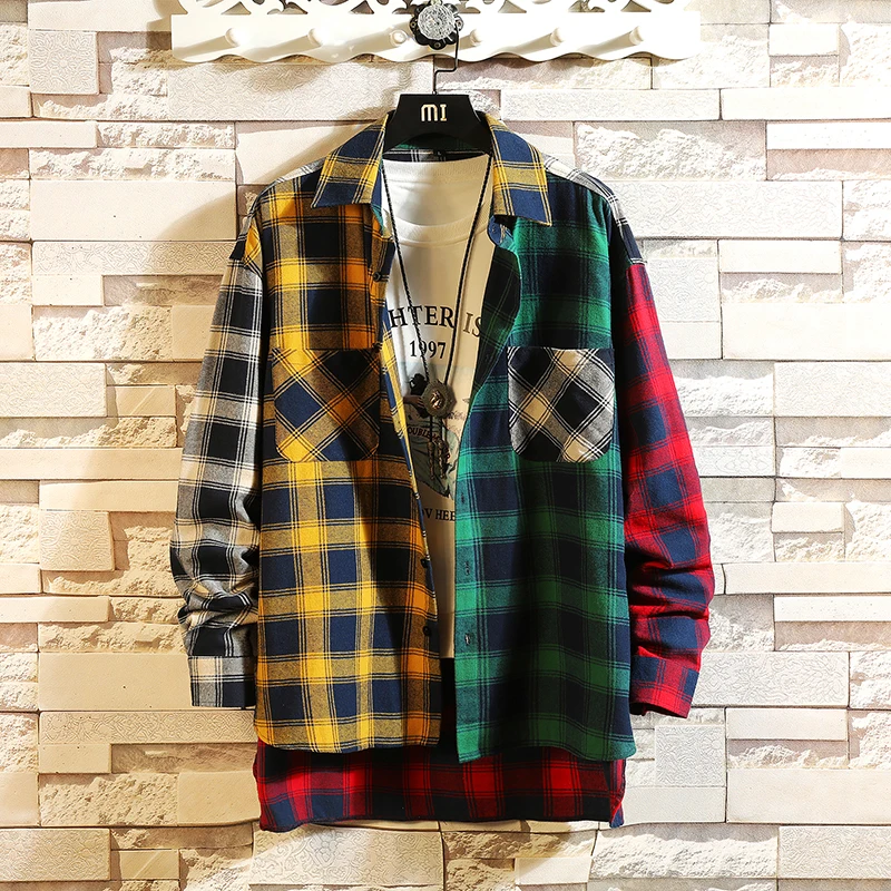 Koop Lente persoonlijkheid Koreaanse versie van de trend van kleur bijpassende plaid shirt mannen casual hip hop losse lange  mouwen 5XL